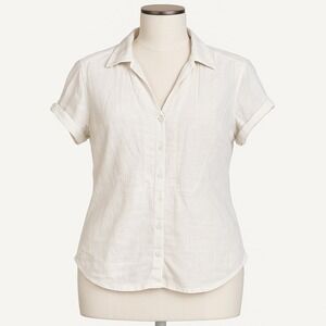 Mesh & Lace Beige Linen Button Down Blouse‎ Women's Medium Short Sleeve Top